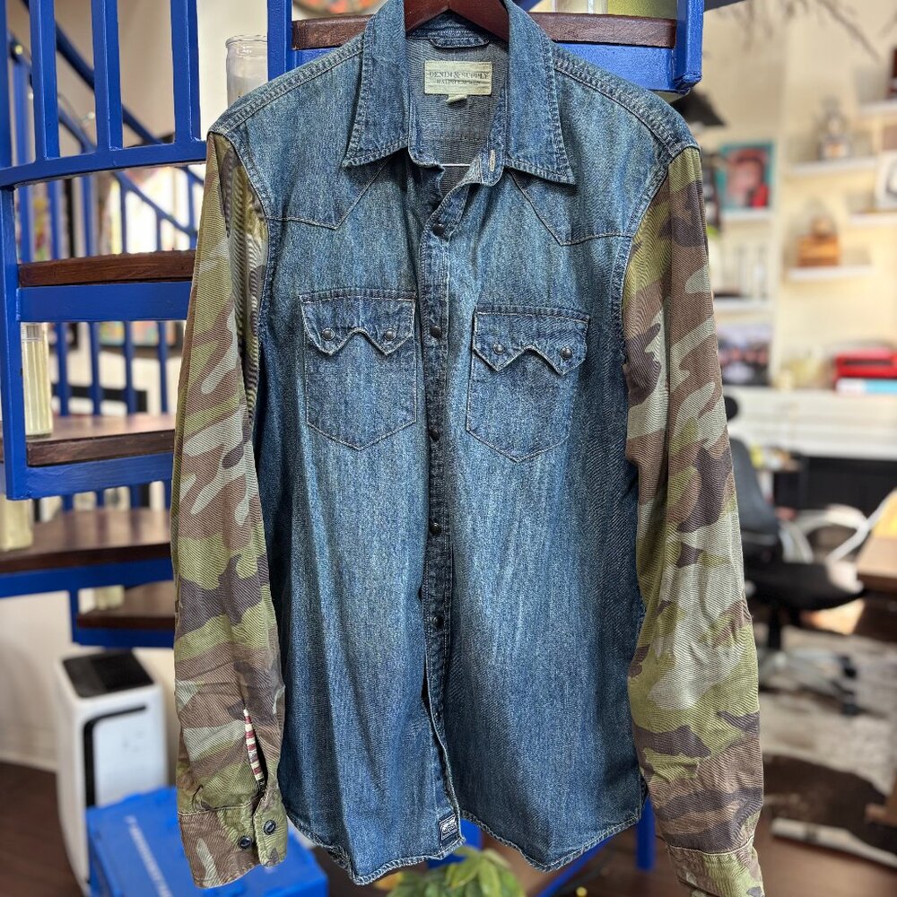 Denim & Supply Ralph Lauren Camo Sleeve Denim Shirt Size L